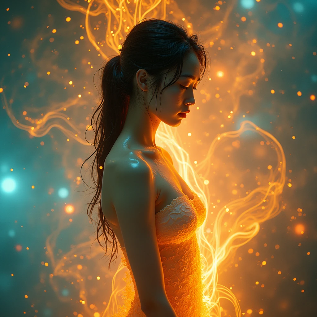 A screaming naked woman with big tits in a bedroom with a portal behind her. The woman is brightly lit and sweaty. Brightly lit room. Close up