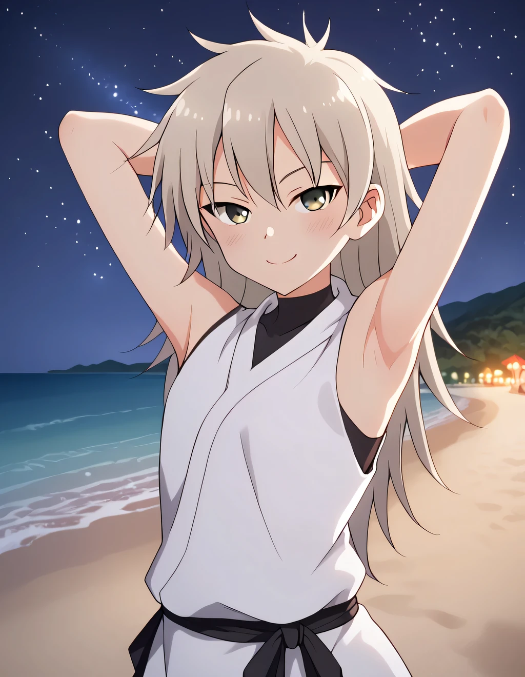 Oniyuri, high quality, solo, looking at viewer, solo, {contrapposto}, spread armpit, arms behind head, smile, looking at viewer, (cowboy shot:1.5), closed mouth, night sky, beach, looking at viewer, blushing, best quality