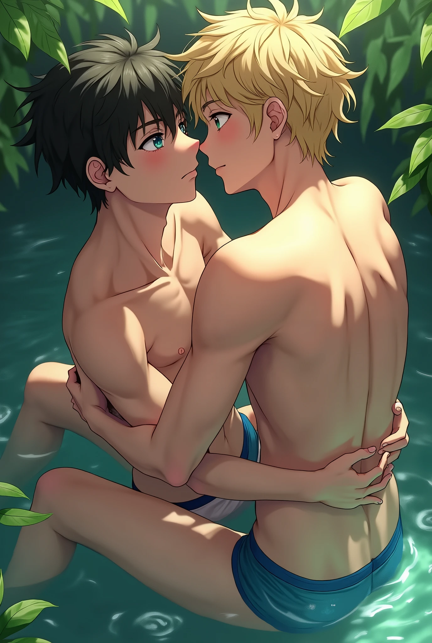 2 boy ,blonde hair ,red eyes ,swim trunks ,beach ,night ,kissing ,high quality ,masterpiece ,blushing 