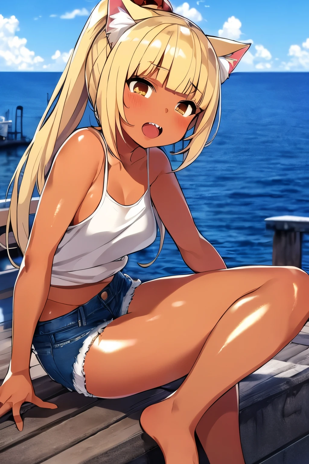 ((masterpiece)), (anime:1.3), ((Highest quality)), (RAW Photos:1.2), (Professional photography:1.3), (High resolution), (12 years old), 8K, Cinema Lighting, Disheveled Hair, (Exposed small breasts), Denim hot pants,(Jet black glossy hair), (Healthy dark skin),A badly tattered and torn camisole, (Dirty oversized white camisole), Slim and small breasts, (PAW Pose), (Open your mouth), Textured skin, Cat ear,Fluffy dog tail ,Light brown hair, Cute beautiful girl, break, ((Highest quality)), (Sitting at the end of an old pier), Slums,
