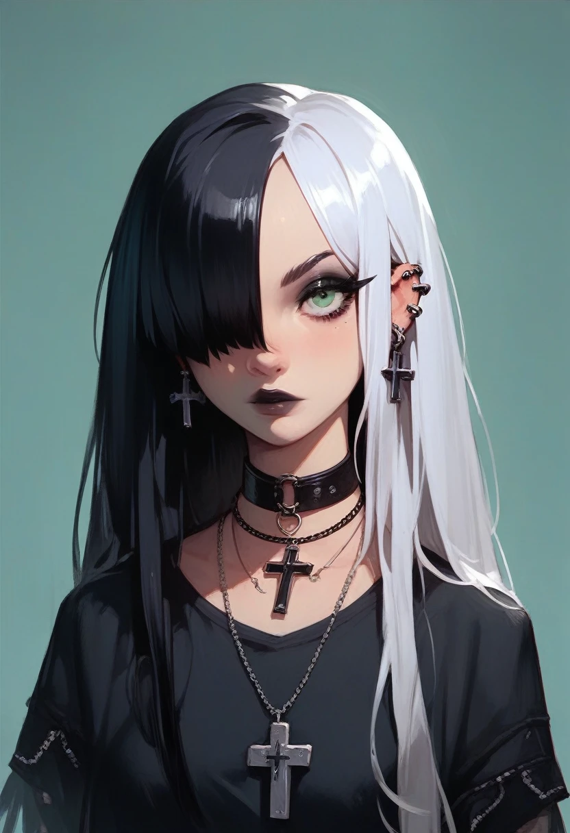 score_9, score_8_up, score_7_up, Goth girl, Goth girl 1girl 1girl,solo,long hair,looking at viewer,simple background,black hair, jewelry,white hair,multicolored hair,choker,green eyes, graveyard background,necklace,(hair over one eye),two-tone hair,cross,portrait,