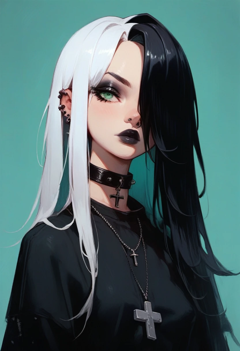 score_9, score_8_up, score_7_up, Goth girl, Goth girl 1girl 1girl,solo,long hair,looking at viewer,simple background,black hair, jewelry,white hair,multicolored hair,choker,green eyes, graveyard background,necklace,(hair over one eye),two-tone hair,cross,portrait,