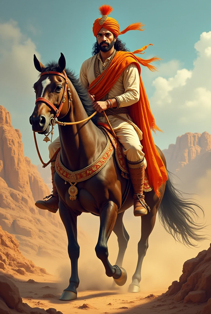 Shivaji Maharaj in his teen age riding a horse ( sword in his hand ) .