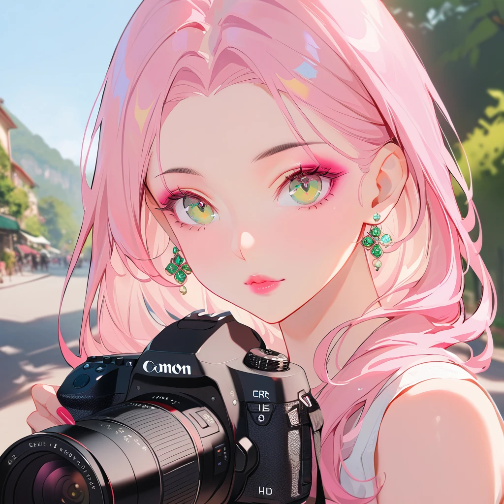 female，pink hair，pink silk，Camera upward，