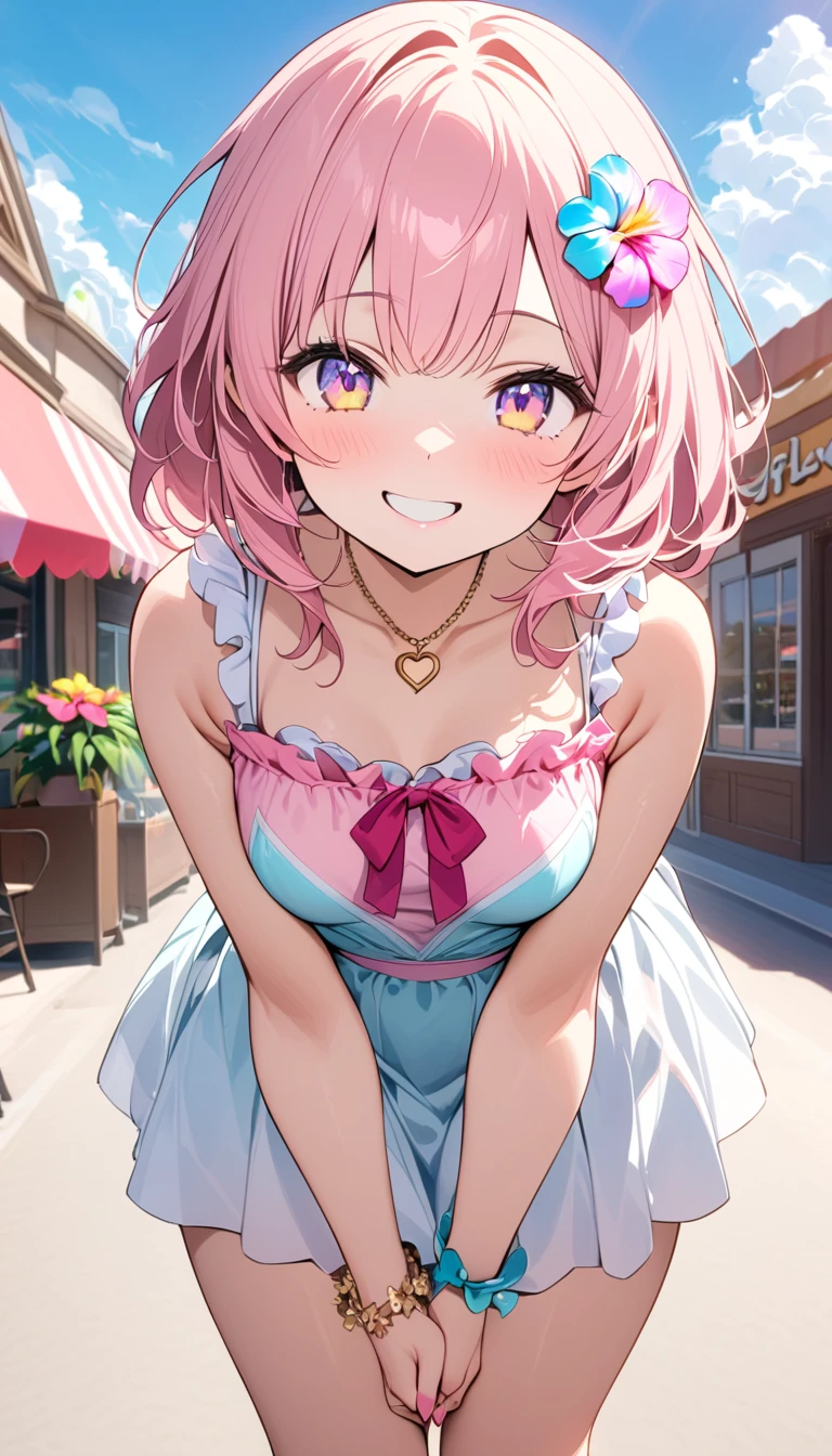 (1 girl), (Best image quality, 8k, masterpiece:1.3), (high  student:1.5), ((Pink dyed hair:1.1)), (Bobcut), (bangs), (Cute eyes, Black pupil, Iris Sky Blue, like々Funny face), (Mole under the right eye), (Standard body type), (Small breasts), (Glowing Skin:1.1), (Slightly tanned skin:1.2),
break
(Sweet and playful summer outfits), (Pale pink sleeveless blouse:1.3), (Fluttering white skirt:1.2), (Spread your legs wide), (Small heart-shaped necklace),床に座っています
break
(Gold anklet with charms), (Cute ribbon hair accessories), (Pink Nails),
break
(Lean forward slightly:1.2), (Wink with one eye:1.3), (Hands clasped in front of you:1.4), (Slightly protruding lips:1.2), (Gazing at the viewer with a playful smile:1.4),
break
(Lovely summer background), (Sunny day with mild clouds), (Small pastel colored cafe in the background), (Floral decoration), (A gentle breeze ruffled her hair), (Warm and cozy atmosphere),
break
(from the front), (Portraiture), (Focus on the upper body)