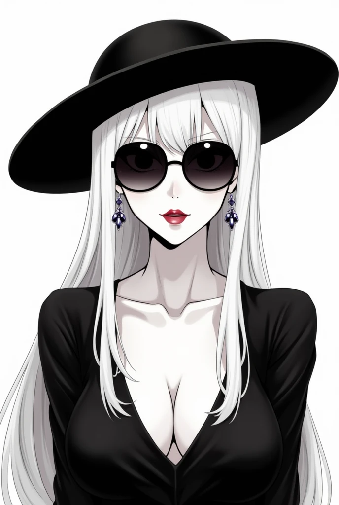 1girl, sunglasses, solo, hat, lipstick, red lips, long white hair, dress, plunging neckline, makeup, monochrome, white background, earrings, cleavage, jewelry, upper body, spot color, hair over shoulder,dark theme,shiny,shiny skin,milf,(young hip japanese female:1.4), 1920s style, black background, sexy, alluring, red background,