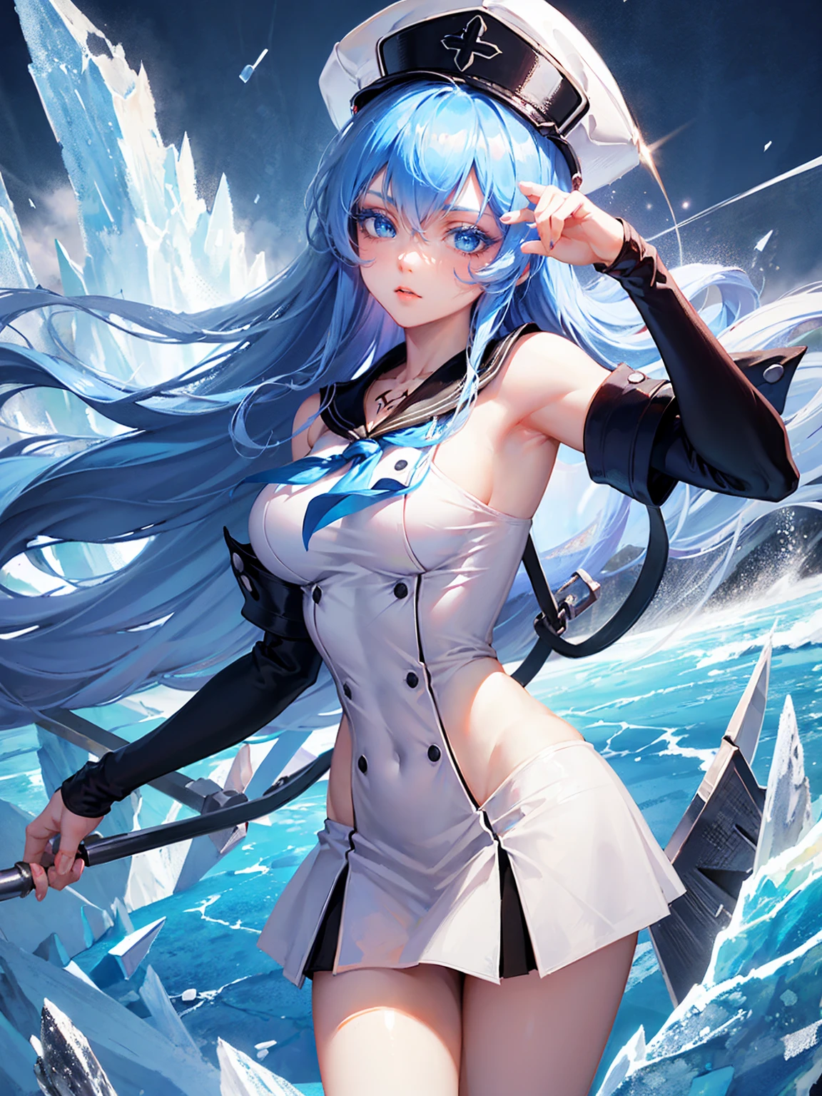 (artwork, best quality) a girl with long blue hair, blue eyes, blue eyelashes, white sailor suit with captain's hat, big breasts, perfect body, pretty eyes, good waist, tattoo, annoying, blowing cold steam, on an ice wall, ice spikes behind, at night