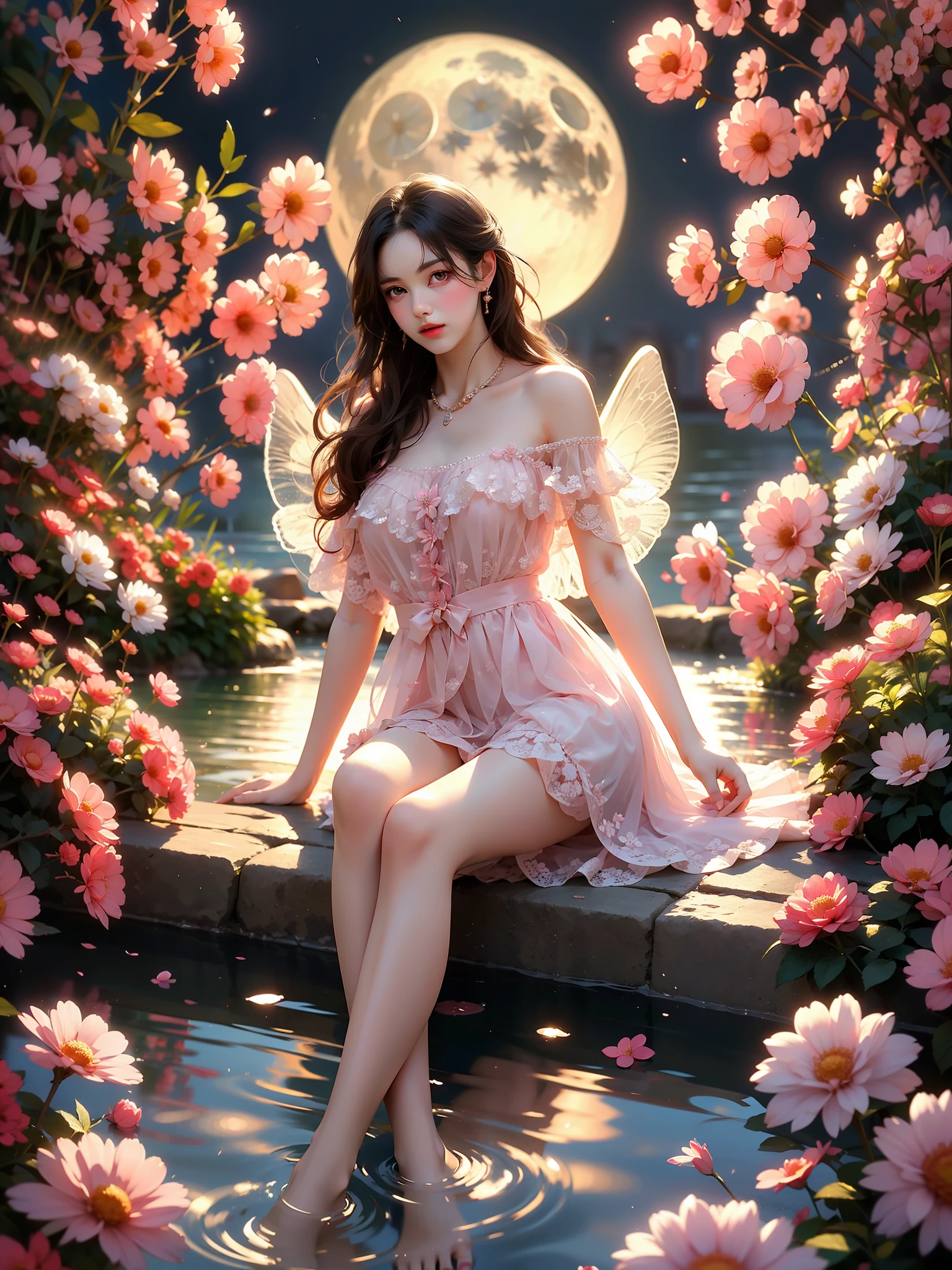 diamond dress (High quality details), 1 Girl, solo, Young women, Elegant Posture, ((night, moonlight)), (Female figure，Lying in the water naturally，River Water，rock, Relaxed expression), (Focus on natural body posture and correct anatomy:1.3), (Perfect leg proportions:1.3)，(True and accurate leg shape:1.2), ((Natural leg position)), The skirt is very short, One hand stroked the hem of the skirt, Lift the hem of your skirt, Bare shoulders, Natural posture, Soft expression, Exquisite makeup, Soft blush, Bright Eyes, Soft lips, Flower fairy style, ((Anatomically accurate)), (Real natural legs), Smooth skin, Soft lighting, high resolution, 8K Ultra HD, Clear focus, Professional photography effects, Random elegant scenes, Multi-angle shooting
