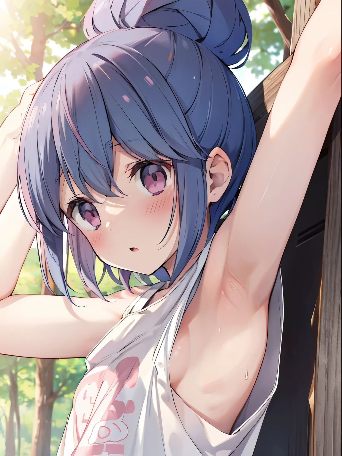 ((Shima Rin)), sunlight, Bun Head, climbing, from above, (blush, Sweat, shy), (T-Shirts), Raise one arm, armpit, Pink Panties, Detailed underwear depiction, Small breasts, pink nipple, Detailed breast depiction, cute girl, on the tree, Detailed background depiction