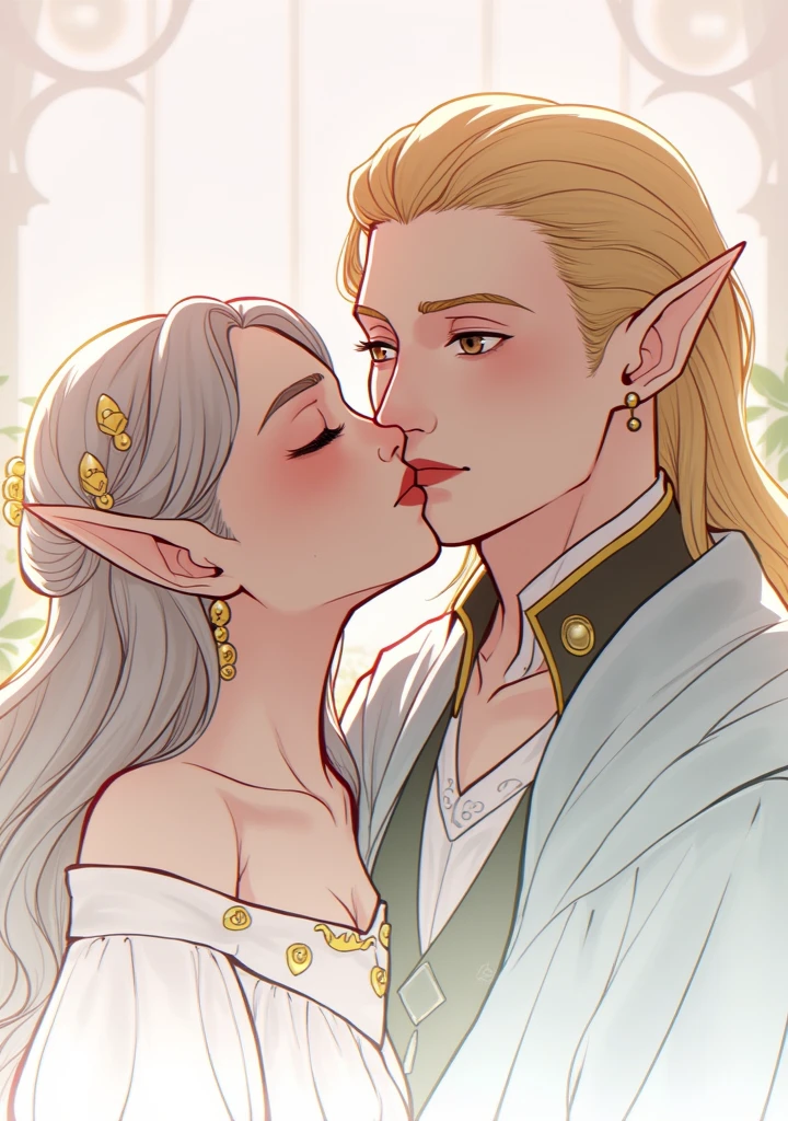 2person, 1girl and 1boy, elfs, middle aged couple, aristocratic looking, in the garden, many flowers, elf ears, man elf