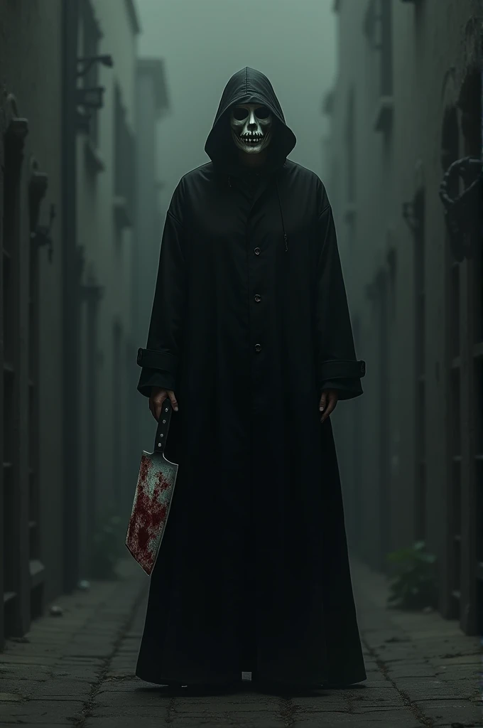 Shadow with halloween mask holding an axe with blood and TikTok logo in the background with smoke