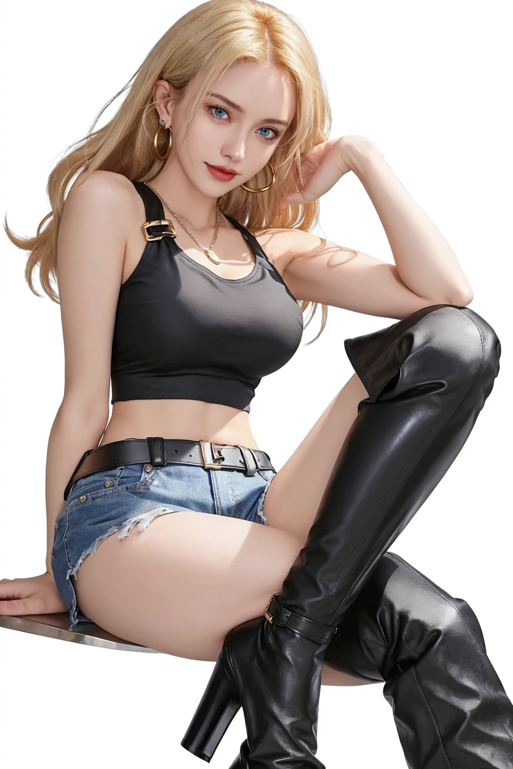 1 girl, blue eyes, sexy, mason, back, smiling, long blonde hair and green eyes, black croptop, top, jacket, blue pencil skirt, red boots, white gloves, high heeled boots
