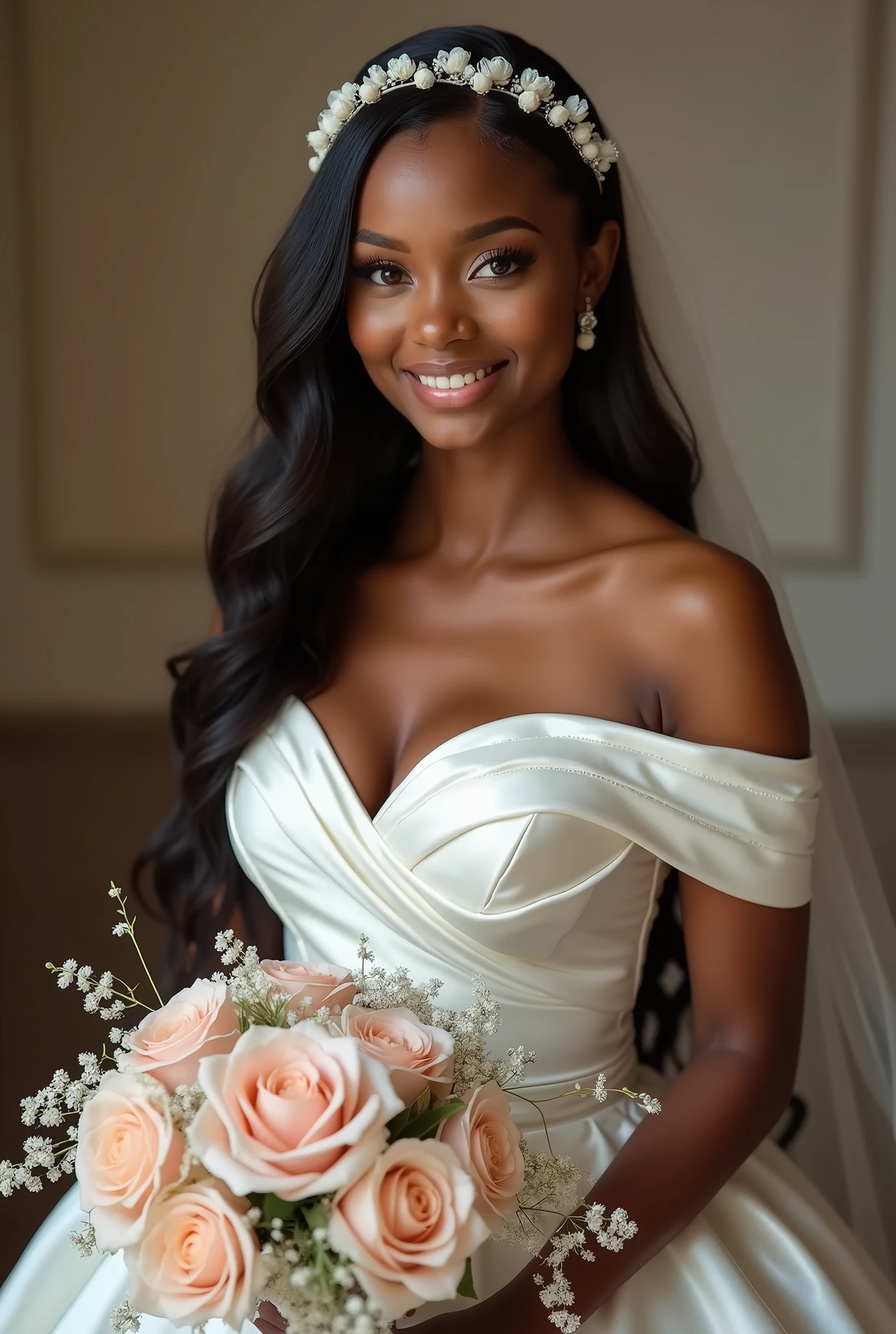 Generate an image of a very beautiful curvy black bride with bridesmaids surrounding her