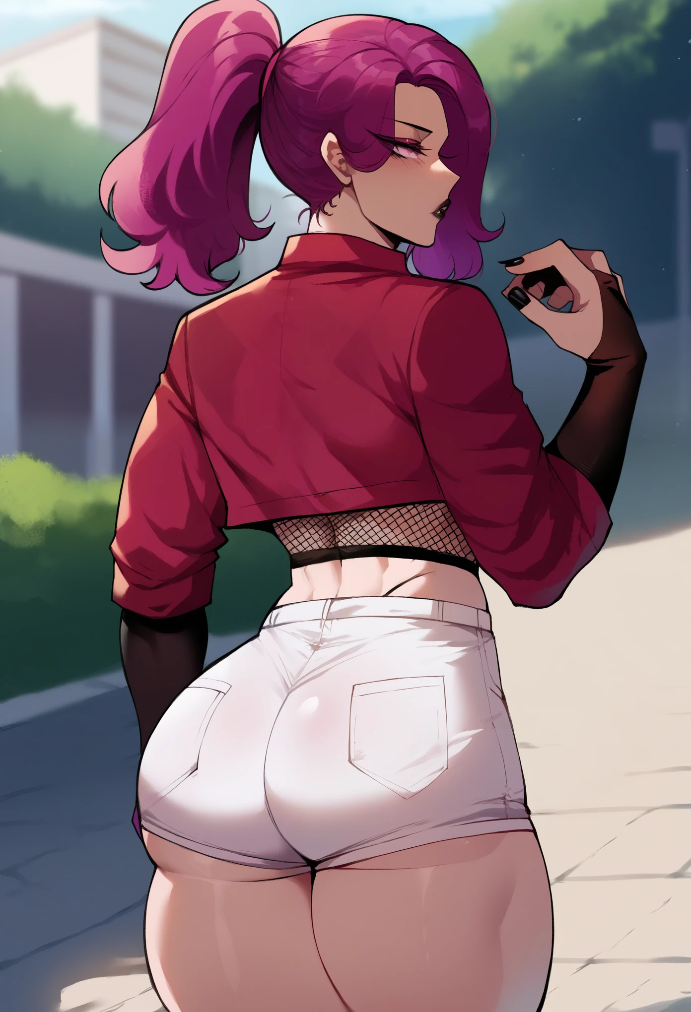 (score_9, score_8_up, seductive face, seductive expression), exterior, street, from behind, ponytail, parted bangs, adult, tall, femboy, full lips, black lips, magenta hair, toned, wide hips, thick thighs, pink eyes, eyeliner, black lace top, bridal gauntlets, white shorts, big ass, black nails, Nyantcha Style, source_anime,