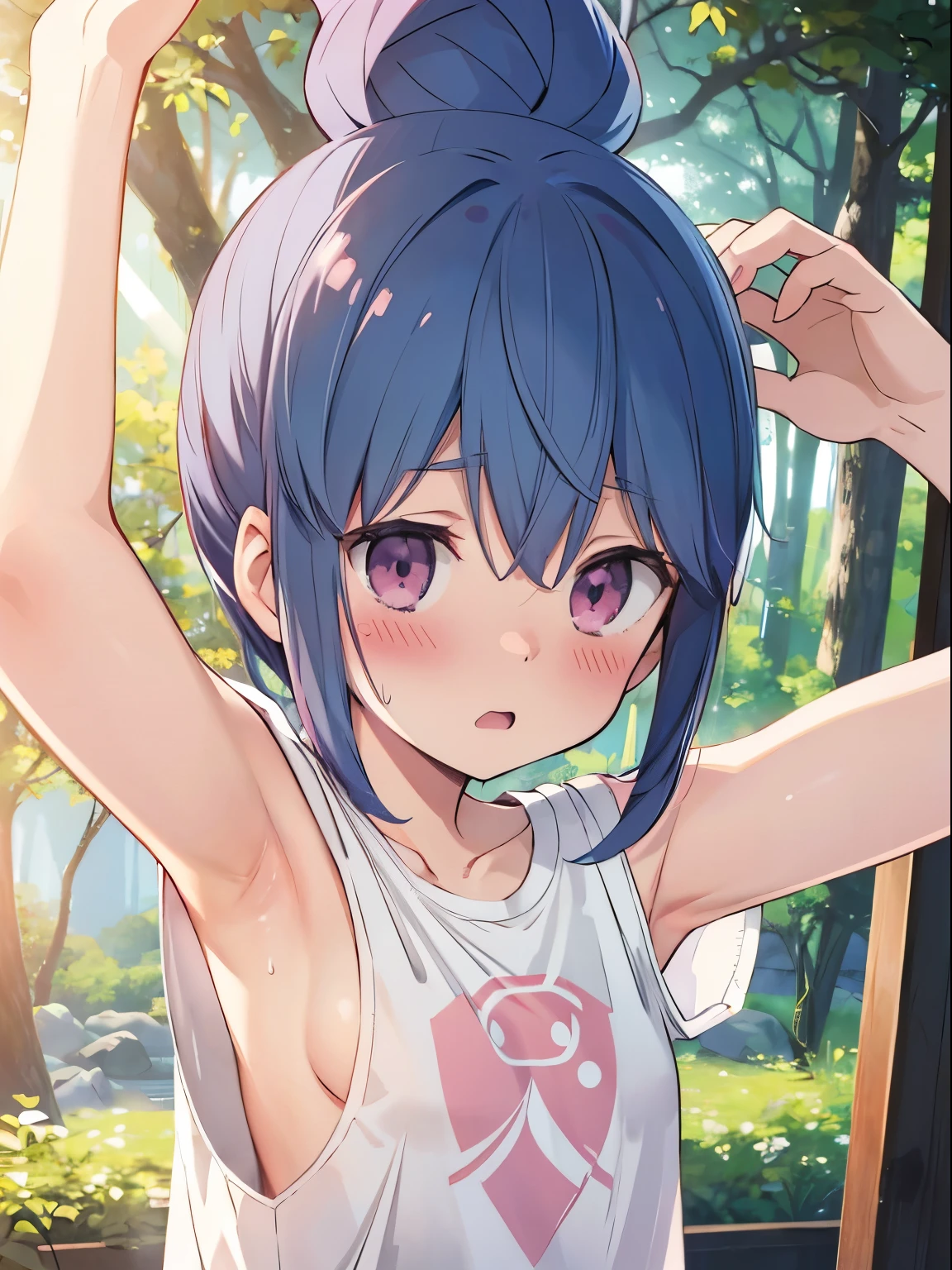 ((Shima Rin)), sunlight, Bun Head, climbing, from above, (blush, Sweat, shy), (T-Shirts), Raise one arm, armpit, Pink Panties, Detailed underwear depiction, Small breasts, pink nipple, Detailed breast depiction, cute girl, on the tree, Detailed background depiction