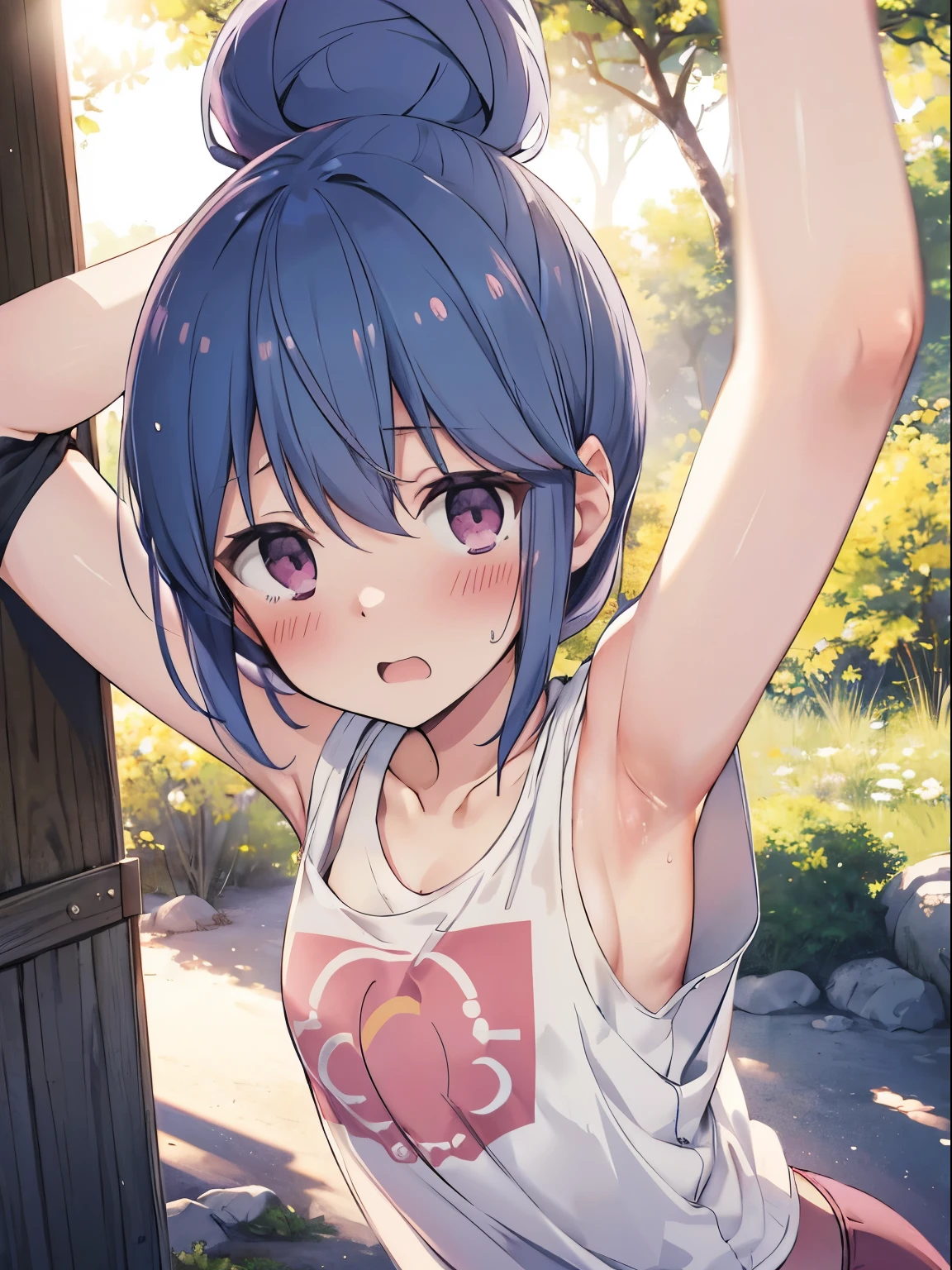 ((Shima Rin)), sunlight, Bun Head, climbing, from above, (blush, Sweat, shy), (T-Shirts), Raise one arm, armpit, Pink Panties, Detailed underwear depiction, Small breasts, pink nipple, Detailed breast depiction, cute girl, on the tree, Detailed background depiction