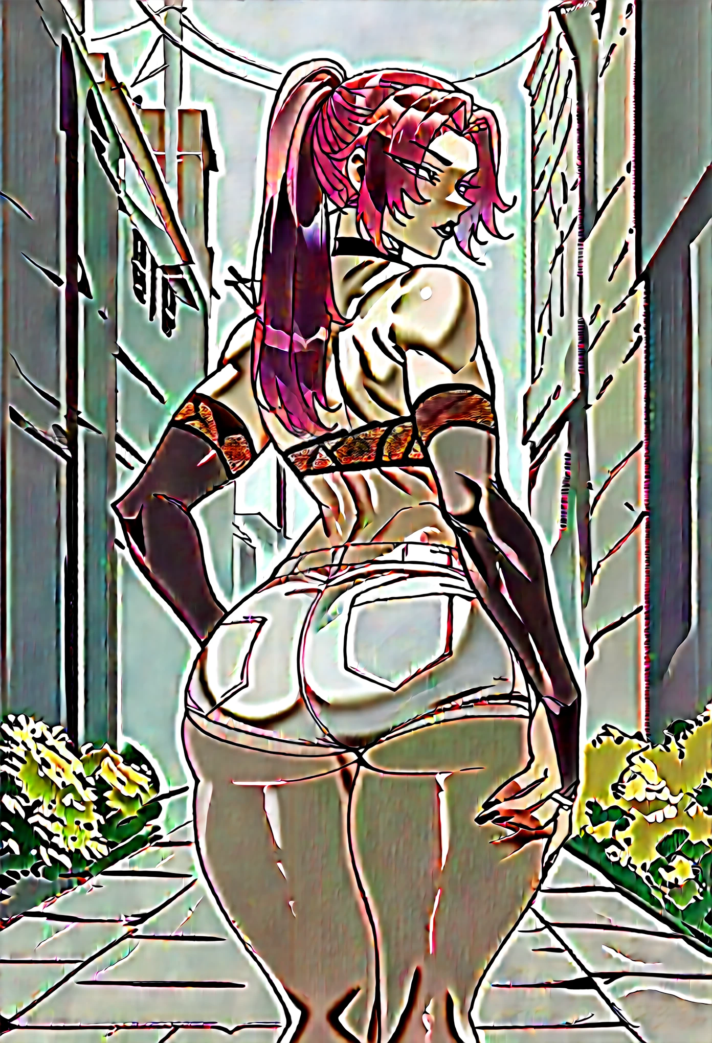 android, beautiful robot. android with blue eyes. Her short brown short pigtails are very short and tied with two big red clothespins, joint seam, black eyes, full body figure, Height: 160cm, She wears only micro mini pantie, show pantie, Uplifting, 21th century japan animation, she wares nothing. She is inserted penis by invisible man. she smiles purely. She is barefoot.