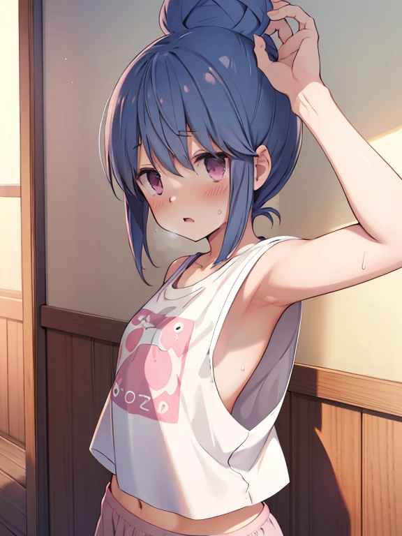 ((Shima Rin)), sunlight, Bun Head, from above, (blush, Sweat, shy), (T-Shirts), Raise one arm, armpit, Pink Panties, Detailed underwear depiction, Small breasts, pink nipple, Detailed breast depiction, cute girl, Her Room,  Detailed background depiction