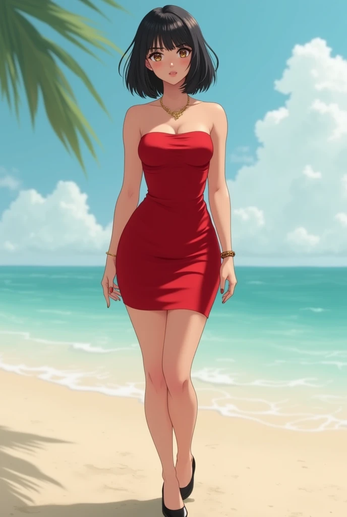 Elaine,shoulder-length black hair,eyes browns, thin lips, Round face, big, in the club dancing wearing a sensual dress ,detailed artwork.