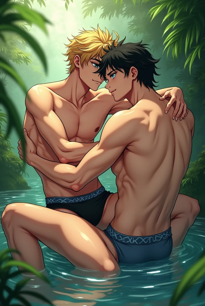 Moonlit hot springs, Couple of 18 year old boy and 30 year old man, Have sex.Eyes of ecstasy. Very short black hair, blush, Vulgarity, Heavy breathing, Spread legs, Wet body, completely naked body, ((masutepiece, Best Quality)), Realistic,