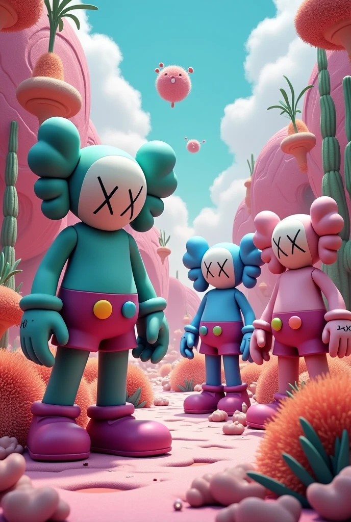 Create a pink kaws in bathtub around Halloween characters the kaws playing with booble in tub