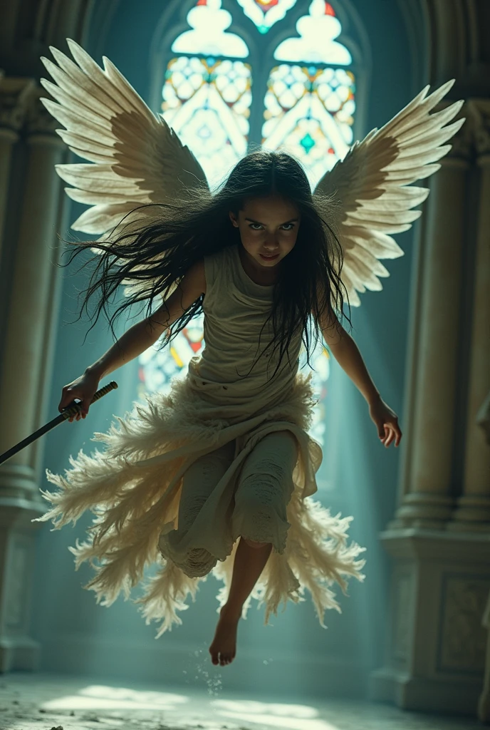 A thin chain binds a young beautiful angel, holy environment, bright background. Beautiful cinematic lighting, surreal, color graded, dynamic movement, captivating chiaroscuro, full body, award-winning, cinematic still, emotional, vignette, dynamic, vivid, (masterpiece, best quality, photorealistic, Professional, perfect composition, very aesthetic, absurdres, ultra-detailed, intricate details:1.3)
