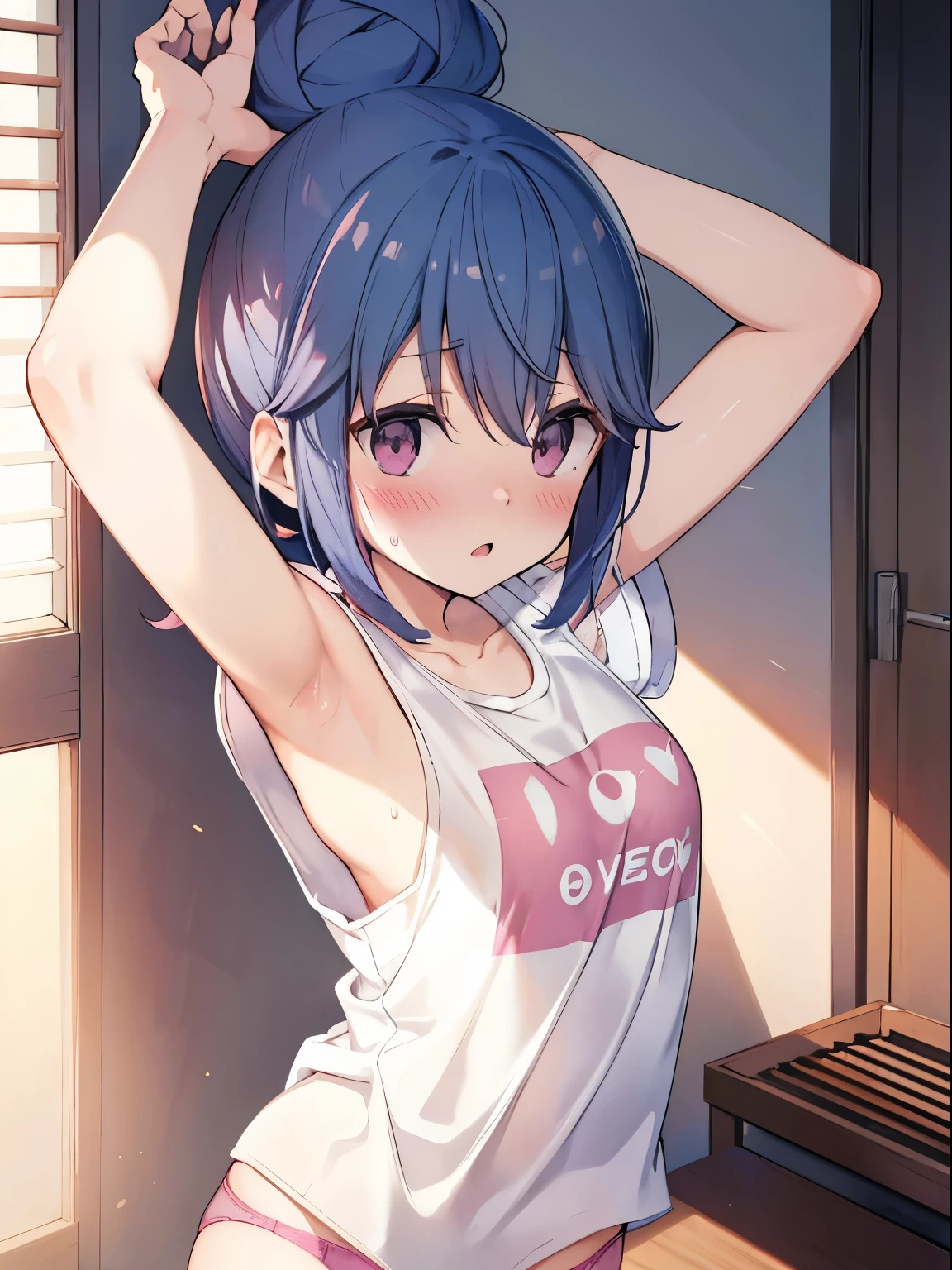 ((Shima Rin)), sunlight, Bun Head, from above, (blush, Sweat, shy), (T-Shirts), Raise one arm, armpit, Pink Panties, Detailed underwear depiction, Small breasts, pink nipple, Detailed breast depiction, cute girl, Her Room,  Detailed background depiction, Depiction of beautiful eyes