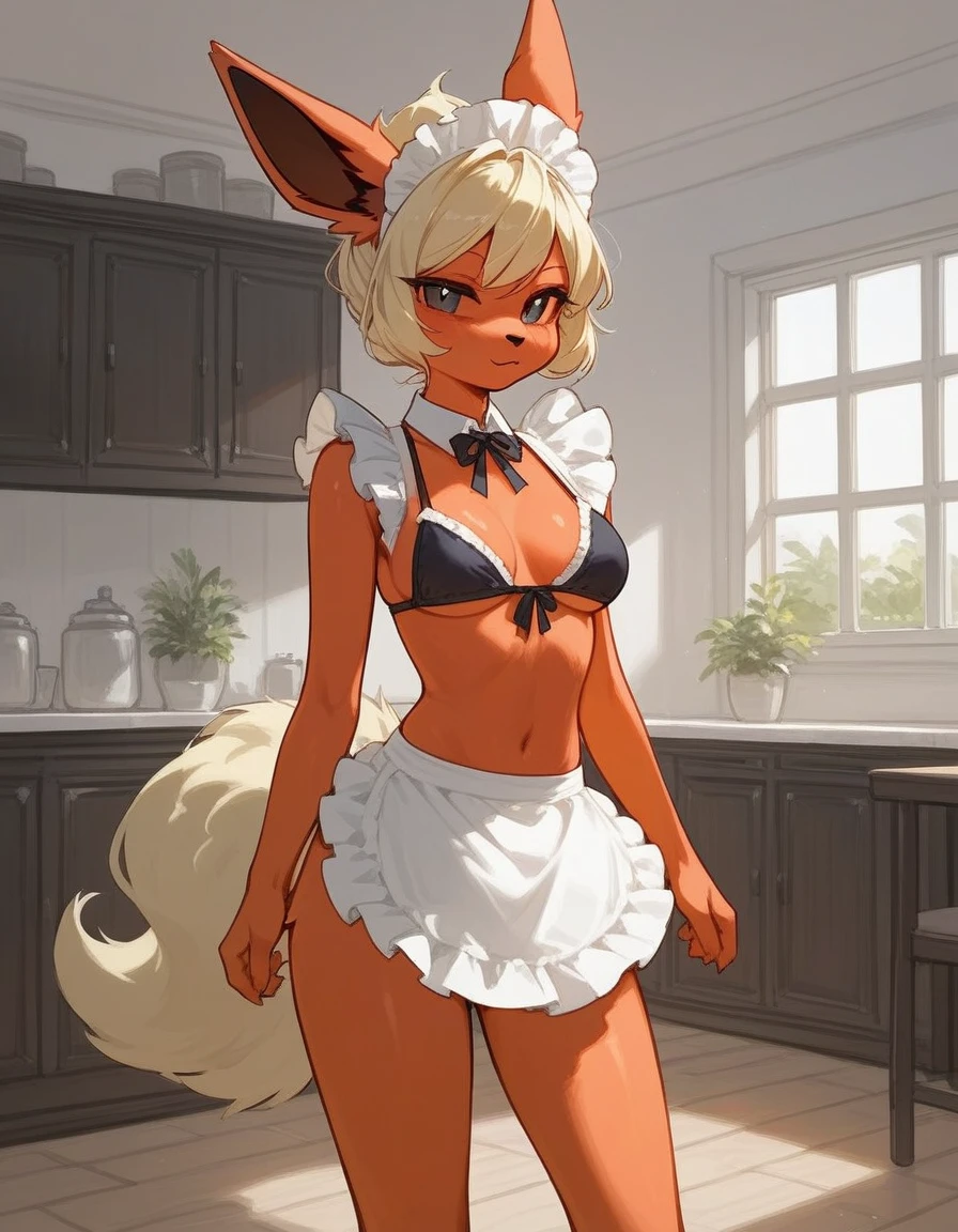 alone, score_9,score_8_up,score_7_up, anthro female flareon, maid dress, back view, white panties, confused, looking at viewer, outdoors.
