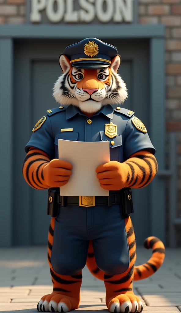 Zootopia cartoon, furry tiger police officer Fangmeyer, tall, slender, handsome, extremely beautiful and cute face, perfectly detailed eyes with perfectly detailed pupils, muscular body, six pack abs, gentle look, unbuttoned blue police uniform shirt, sparkly black and silver shorts with trims and slits on the sides, bare feet, sexy, hot, cute smile, standing, selfie, room background