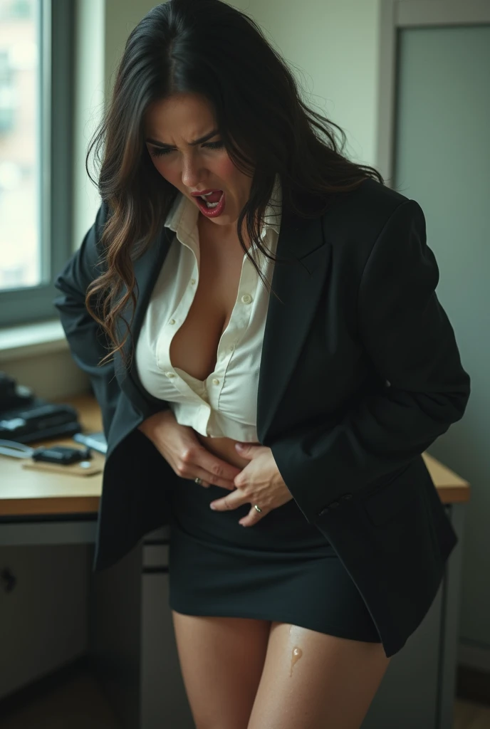(accurate, high quality, Woman in office dress and blazer, (front view), wearing grey, vagina slightly visible, cleavage, highly detailed, screaming face, huge dick fucking her pussy, lubed skin
