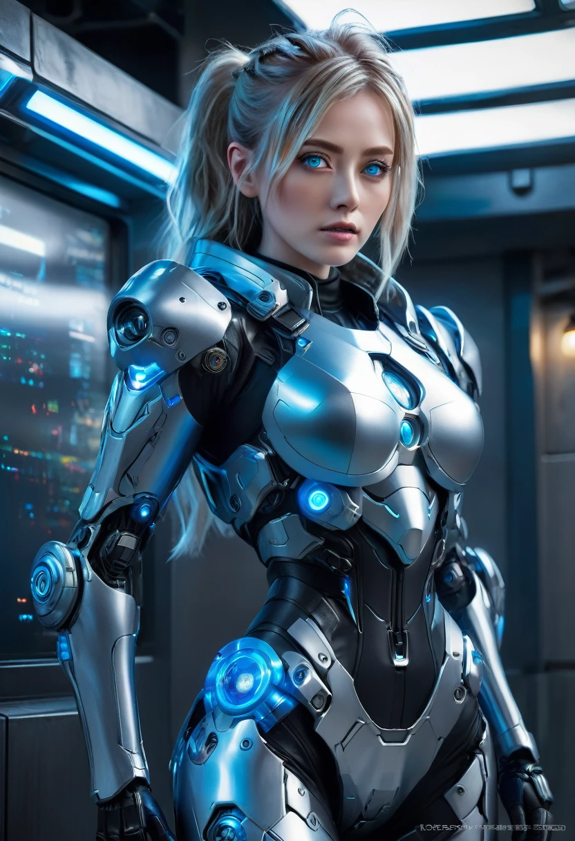 A female police officer wearing exoskeleton cyber armor, The armor fits snugly、She has a plasma gun in her hand., Full Body View, Maximum details, Excellent quality with precise drawings, 8k,chest, Blue eyes, Blue eyes, look, look, High resolution, 超High resolution, Highest quality, Shortcuts, Big chest, Cinematic Lighting Effects, futuristic, bionde, 美しいbiondeの女性, bionde, Blue eyes, Cyberpunk style woman, high tech, futurist, High quality images、
