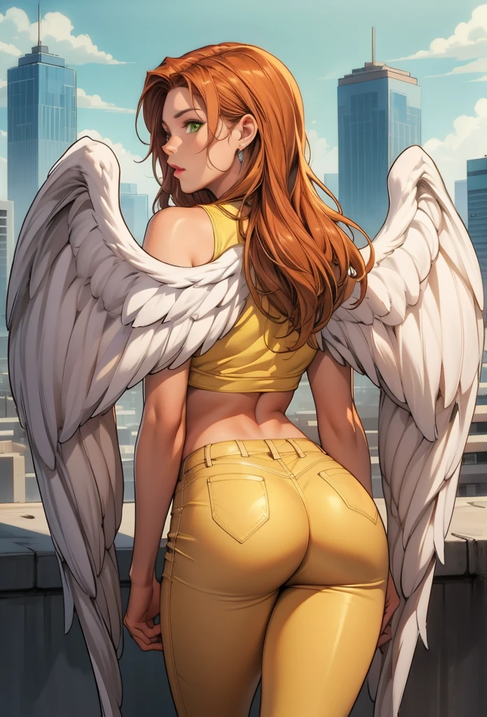 perfects eyes:1.2, detailedeyes:1.4, Seriously, ShayeraDC, greeneyes, hair orange, angel wings, feathered wings, wings, long hair, greeneyes, yellow top, yellow pants, cowboy shot, 1 girl, standing alone, (work of art:1.6, best qualityer), 8k, insane details, intricate details], hyperdetailed, hyper qualit, high détail, ultra detailed, proffesional, HDR, ray tracing reflection, cinematic lighting,breastsout, Masterpiece artwork, high resolution, 