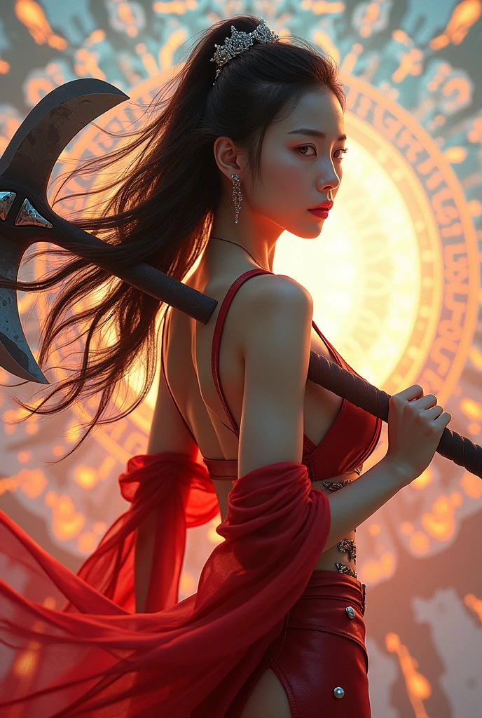 8k、alone、 big breasted beauty,Super Beauty(Like the real thing),Iris,super beautiful teenager,Black short bob hair,Sexy Exterior,Black panty,Golden decoration, sword,Demon Slayer: Androgynous Beauty,A wonderful work of art、Wind effects:1.9、Cloud Effect:1.2、Full Rendering,Unreal Engine、Japanese sword 1,Cool beauty,Ultra-high resolution,super Realistic Skin,Ultra-precise hand-crafted detailing,1Japanese sword,smile,Photorealistic RAW photos of the highest quality。Backlight, Cinema Lighting, Film Grain, 50mm lens, Nikon D850,Realistic Skin,Fantasy art,Character Art,Ultra-high resolution,Muscular and slim body,Muscular and lean lower body,Precise facial details,What's left behind,Perfect hands,Cool sexy beauty,landscape,A lot of thick red smoke(largely),Ultra-realistic smoke,Extremely ripped abs,Muscular Beauty,Very large breasts,Sexy Exterior,Wide open chest,Body balance,smile,Makeup,Accentuate your cleavage,Dynamic fighting pose,