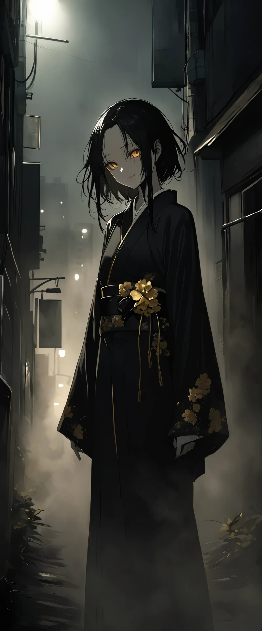 A black silk kimono embroidered with gold flowers。In the fogでの美しさ,In the fog。Standing in an alley。Black belt。smile。Long black hair。forehead,Foggy Sky。 To the audience。Beautiful golden eyes。Portrait。bleed。horor。Dead skin。alone。darkness。Spooky atmosphere。Japan。City of Concrete。Dark atmosphere without light。night,Chiaroscuro,Skyscraper。