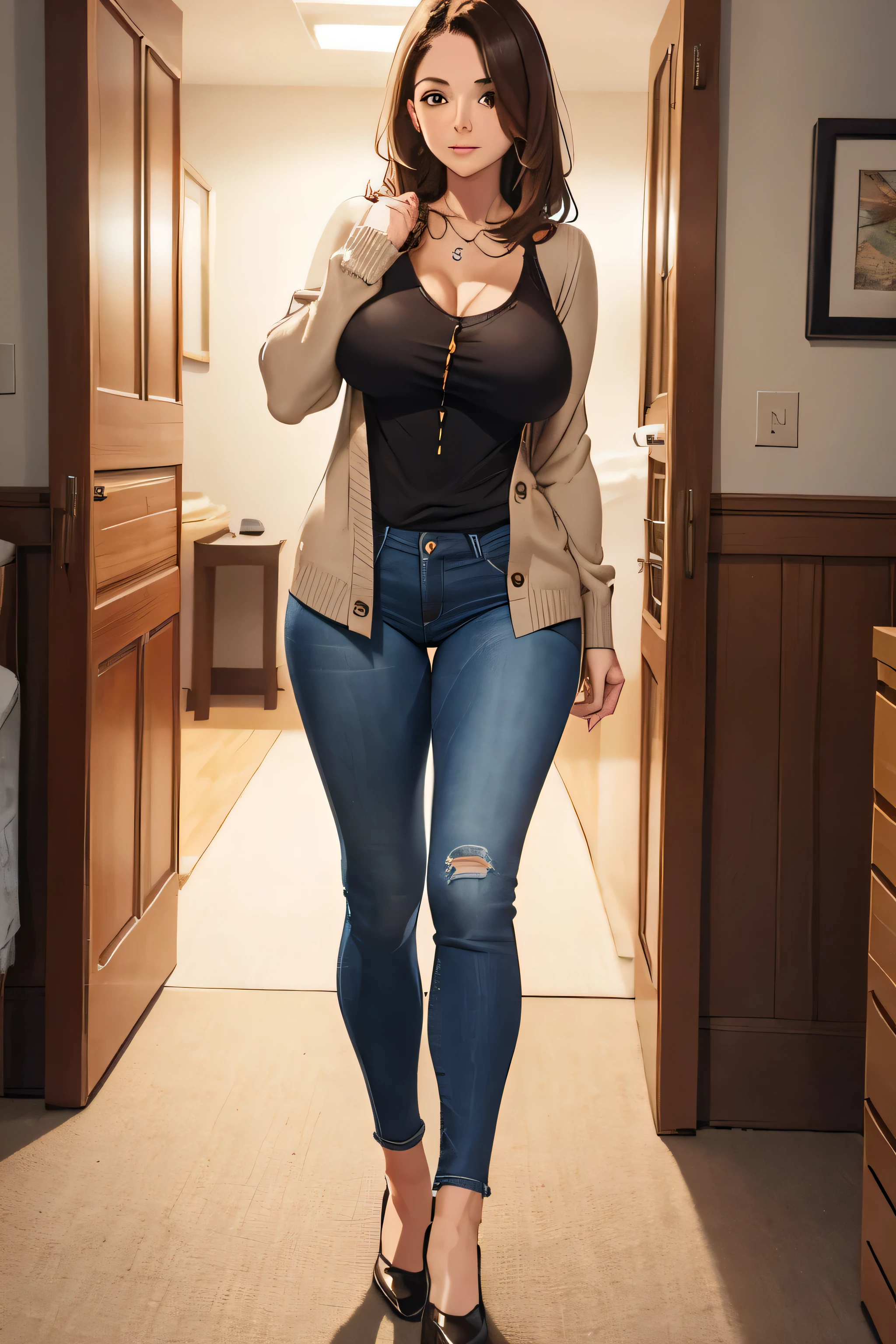 , woman ,age 30,Jeans, blouse should be tight enough to flatter the figure, but not too tight.
cardigan adds a touch of warmth and comfort.
The shoes, big breasts, shoulder-length brown hair