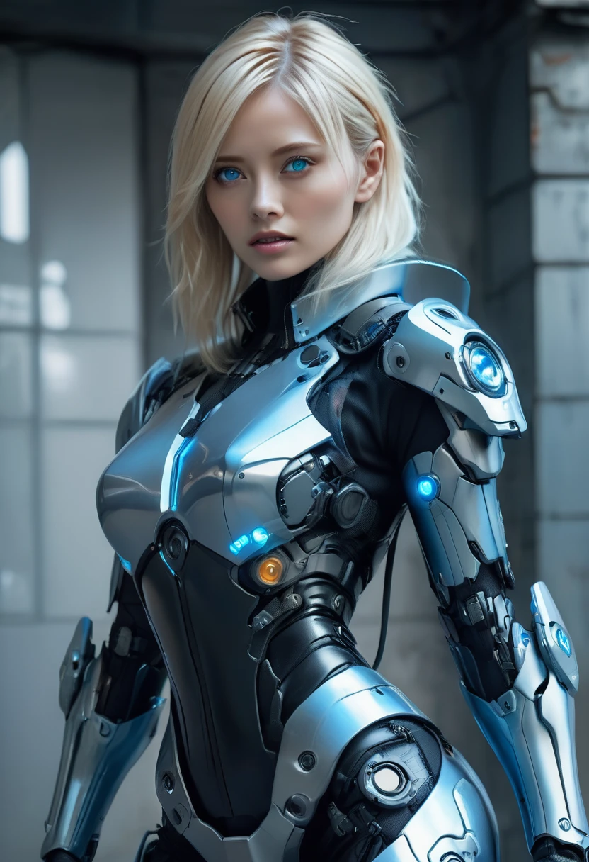 A female police officer wearing exoskeleton cyber armor, The armor fits snugly、She has a plasma gun in her hand., Full Body View, Maximum details, Excellent quality with precise drawings, 8k,chest, blue eyes, blue eyes, look, look, High resolution, 超High resolution, Highest quality, Shortcuts, 大きなchest, Cinematic Lighting Effects, Futuristic, blonde, 美しいblondeの女性, blonde, blue eyes, Cyberpunk style woman, high tech, Futurist, High quality images、
