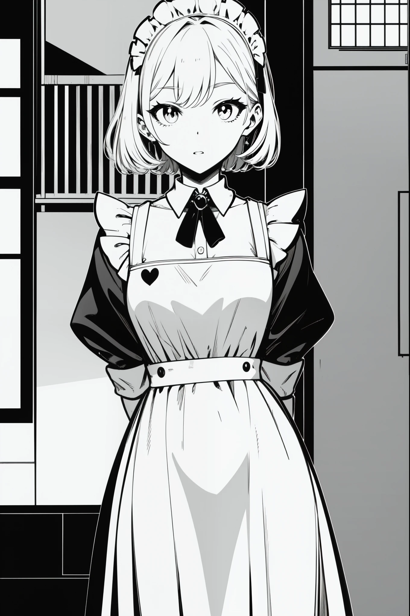 maid outfit,Line Art,Monochrome,hands behind back