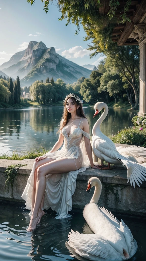 a woman hug a giant swan in a garden, full body, naked, white hair, masculine, mature, handsome, upper body, muscular, hairy torso, fantasy, intricate, elegant, highly detailed, digital painting, artstation, concept art, smooth, sharp focus, illustration, almost naked