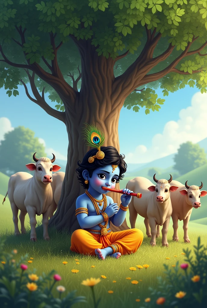 children Krishna sitting under a tree playing flute, a lot of cow calves, peacocks,Birds and children friend around little Krishna.