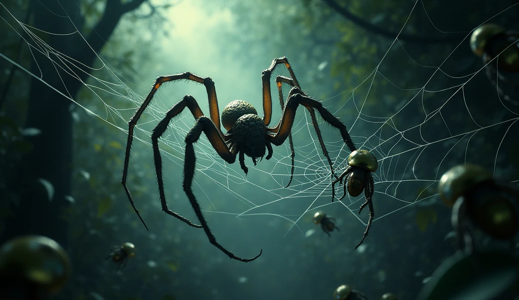 A giant spider web with a spider spinning silk around its prey., on the spider web are insects stuck, The spider web had a large tear caused by a large insect flying through it.,  