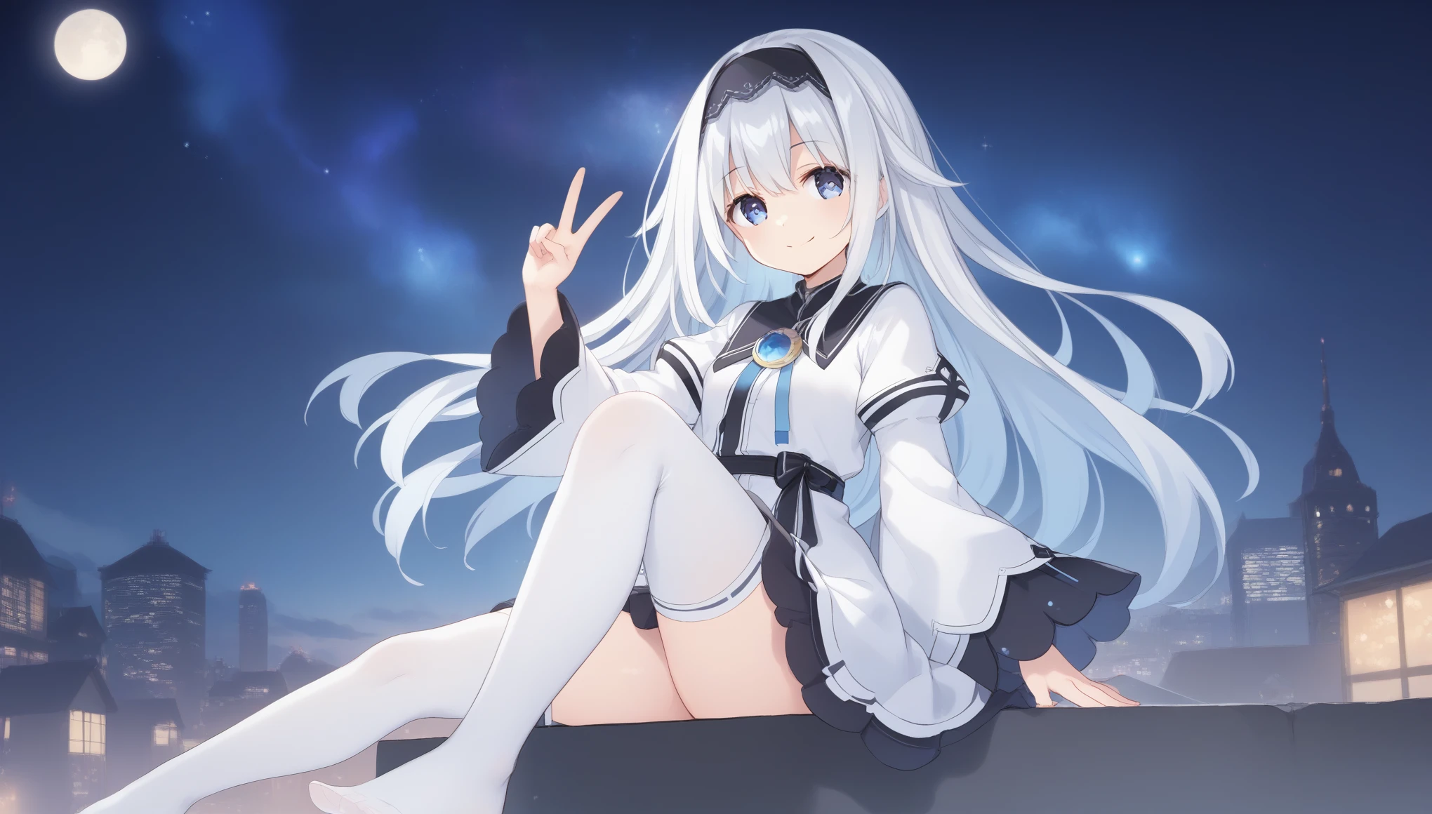 score_9, score_8_up, score_7_up, arusu maria,1girl, solo, long hair, blue eyes, white hair,hair between eyes,white dress,white thighhighs, long sleeves, wide sleeves,black hairband,Face, peace pose, smiling, sit, rised hand, cheerful, black night sky, stars in the sky, universe in the sky, bright eyes, cute pose, ass, feet, chest, arms, curves, face, thighs, hair, city in the far away, night
