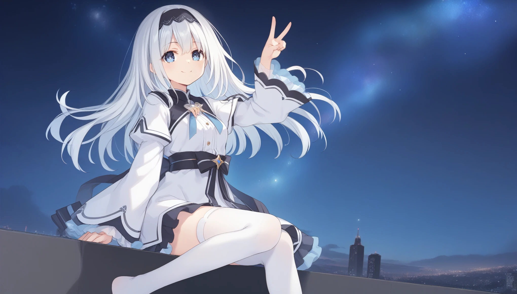 score_9, score_8_up, score_7_up, arusu maria,1girl, solo, long hair, blue eyes, white hair,hair between eyes,white dress,white thighhighs, long sleeves, wide sleeves,black hairband,Face, peace pose, smiling, sit, rised hand, cheerful, black night sky, stars in the sky, universe in the sky, bright eyes, cute pose, ass, feet, chest, arms, curves, face, thighs, hair, city in the far away, night
