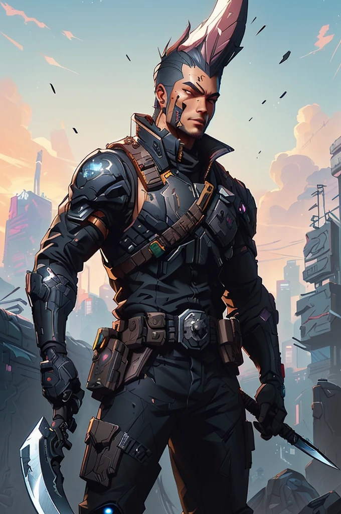 a close up of a man with a razor-sharp axe blade protruding from his head formed from his own hair, shadowrun splash art, shadowrun character art, cyberpunk 2077 rossdraws, cyberpunk comic cover art, artgerm craig mullins, rossdraws 1. 0, cyberpunk character art, cable, cyberpunk 2 0 7 7 character art, shadowrun, rossdraws 2. 0, metabaron