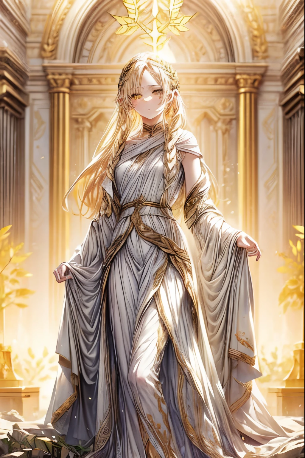 (masterpiece, best quality, perfect face, expressive eyes), 1girl, long blonde hair, yellow eyes, elf ears, white goddess attire, full body, elven art, (golden laurel wreath), intricate details, highly detailed, adult, fantasy, cinematic lighting, dramatic shadows, vibrant colors, digital painting, concept art, full body,