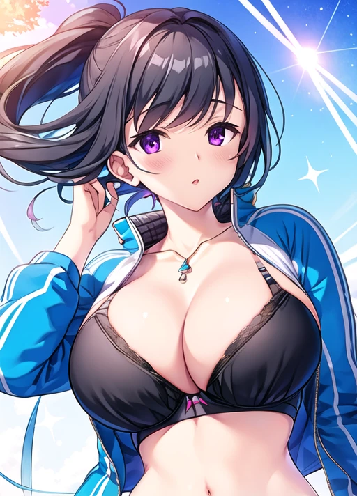 Black bra,jacket,Huge breasts,masterpiece,Wind,Highest quality,Lens Flare,[Beautiful detailed sparkle,Dynamic angles,Depth of written boundary,Light_leak,wonderful,Precision decoration,Highly detailed CG, 