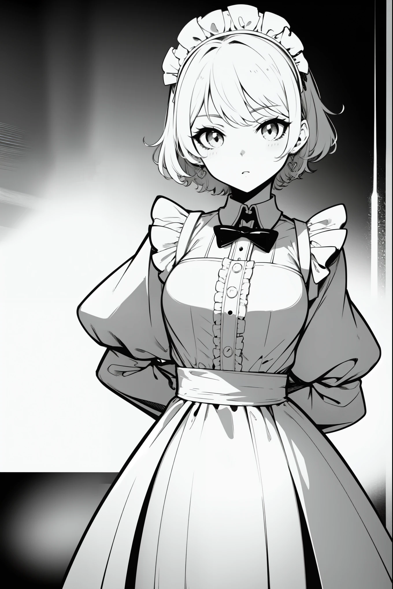 maid outfit,Line Art,Monochrome,hands behind back,waist up