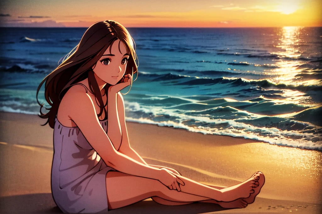 a young woman on a beach, long brown hair, peaceful expression, sitting on the sand, sun shining, ocean waves in the background, lofi, muted colors, soft lighting, detailed facial features, elegant pose, beautiful scenery, cinematic atmosphere, serene mood, photorealistic, highly detailed, 8k