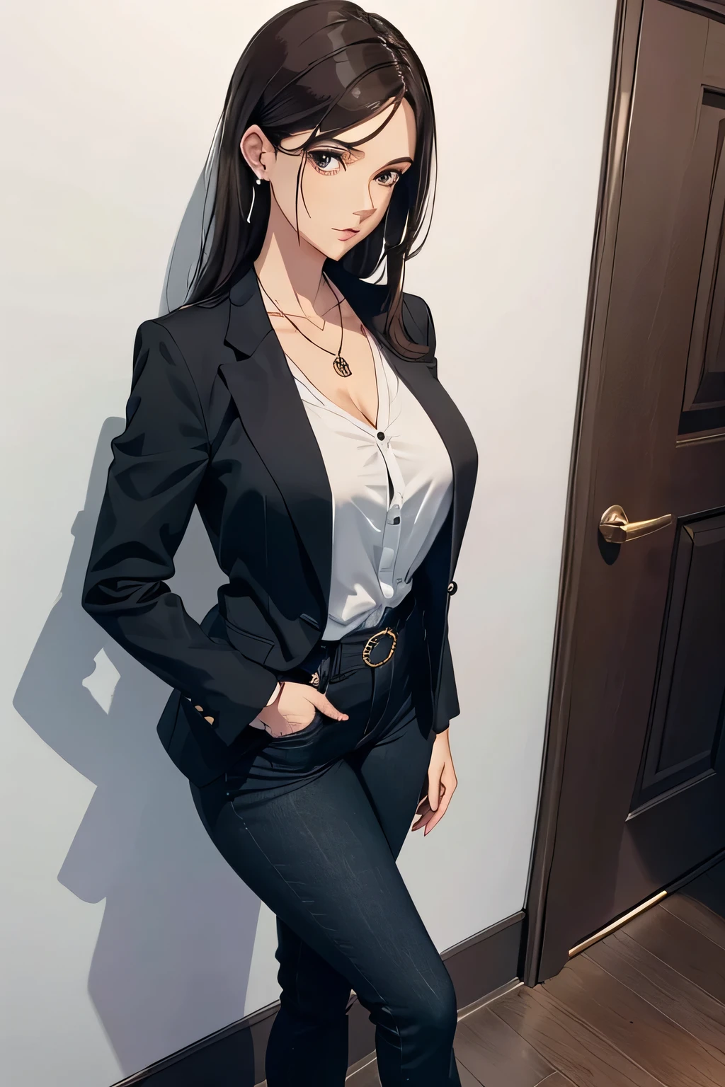 , woman ,age 30, Big breasts, shoulder-length brown hair, tight black denim pants that enhance the silhouette.
A white blouse or V-neckline that highlights the figure.
black blazer that adds a touch of sophistication.
Black high-heeled shoes that complete the look.
Accessories: necklace with a small earring, simple rings and an elegant watch.