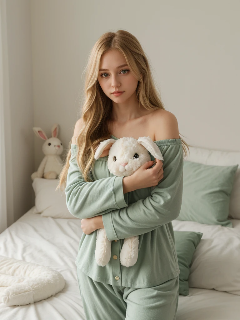 In this evocative fine art photograph by Claire-Thompson, captures a melancholic a Blonde bombshell curvy girl with her small-bear toy. (Her pale skin glows softly, accentuating bold pink-lips, and piercing blue eyes)Stands amidst a dark modern-indoor setting at night. Dressed in a revealing outfit(A quirky, animal-themed outfit with a bear hoodie, shorts, and arm warmers. The design is cute and playful.
Accessories: Bear ears headband, paw gloves.
Adjusted for Blonde Curvy Girl: The bear hoodie fits snugly over her bust, while the shorts show off her toned thighs. The playful accessories add a fun element to her look). ((In her arms(she cradles a fluffy small-bear toy with gentle), surrounded by lush plants)). Dimlit, amidst a dark modern-indoor setting at night. To her right an antique chair with gold upholstery, and (natural flowers with cookies)-on a small table, she is surrounded by a lush plants,  in a dimlit room, The natural light casts long shadows, Sadness and oppressive atmosphere of this vintage-photography-style image. A 70mm grainy film captures the scene, with a bokeh effect.((Holding a plastic bag))