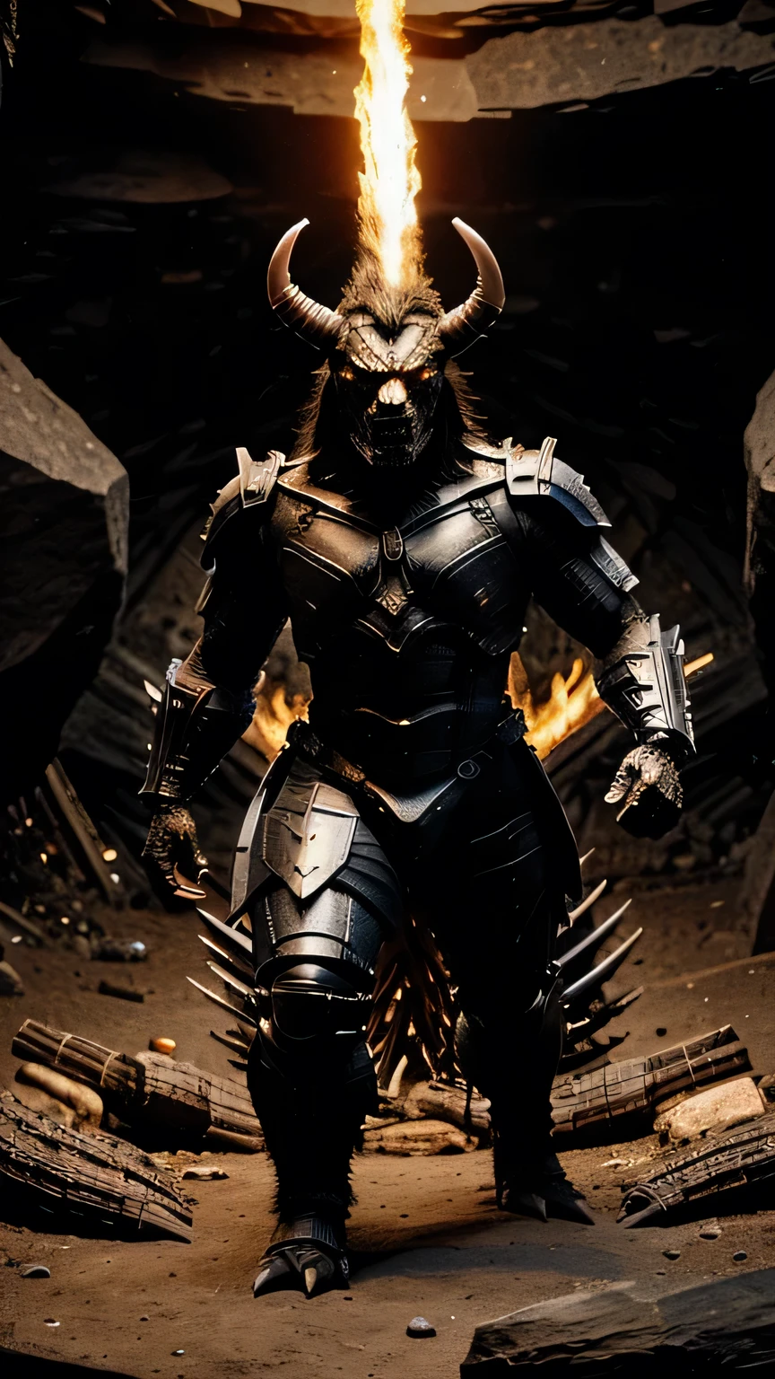 Demonic appearance. He wears black armor. He looks animal-like. He has hair all over his body. He has claws. His skin is black. He is inside a cave full of fire. He has armor and a tail. He has large horns on his head.